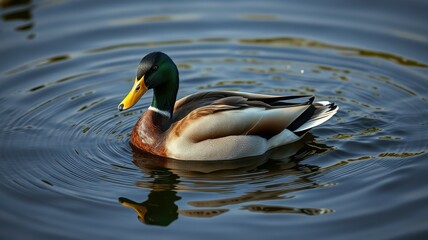 Obraz premium Mallard duck swimming in a serene pond at sunrise creating ripples in the calm water
