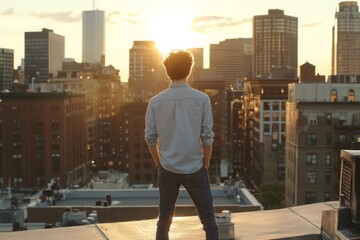 A man standing on a city rooftop at sunset, looking out over the skyline with a relaxed, contemplative expression