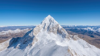 Snowy mountain peak, aerial view, Andes landscape, clear sky