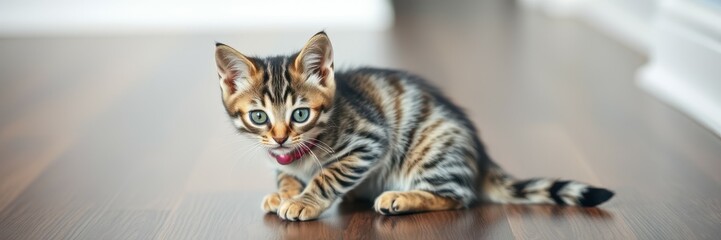 Obraz premium Playful tabby kitten exploring a cozy interior during a sunny afternoon in a modern home