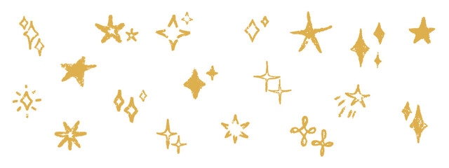A set of grunge patterns with shiny stars. Comets and shimmering golden stars drawn in pencil with chalk brush. Vector illustration