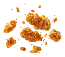 Fried chicken flying in mid-air isolated on transparent background