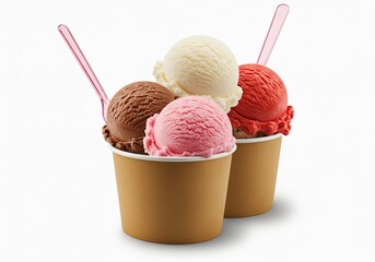 Strawberry, vanilla, chocolate ice cream scoops in paper cup isolated on transparent background Generative Ai.
