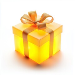 Obraz premium Glowing gift box with golden ribbon and bow on a white background