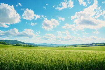 Vast blue sky filled with fluffy clouds over a vibrant green field in a tranquil landscape during midday