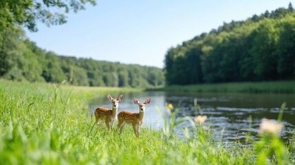 Fototapeta premium Two fawns by river, green forest background, wildlife nature scene