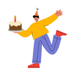 Cheerful cartoon of a man in a party hat holding a birthday cake with a lit candle. Perfect for greeting cards, party invitations, and celebration-themed designs.