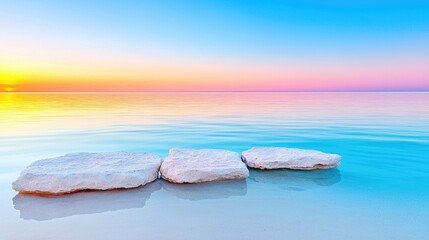 Obraz premium Tranquil sunrise over calm sea, three rocks in shallow water, peaceful background