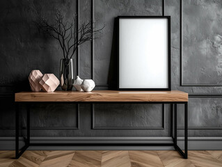 Wooden table with modern decor and frame on dark wall. Interior design with vases and decorative objects on a table