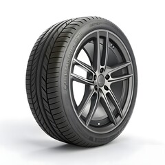 Obraz premium A full view of a modern, realistic car tire. The tire is dark gray/black with intricate tread patterns. The wheel is silver/gray metal with a multi-spoke design. The tire is centered in the image 