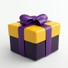 Yellow and purple wrapped gift box with bow on white background