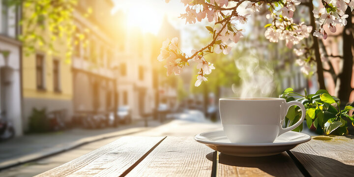 Cup of coffee on a table of outdoor cafe on sunny spring day in typical European town. Having a cup of hot beverage in the morning.