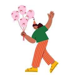 Flat vector illustration of a cheerful woman in a party hat holding pink balloons. Perfect for birthday cards, invitations, social media, posters, and celebration designs. Festive cartoon illustration