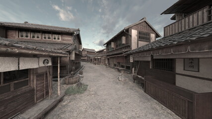 江戸時代の街並み　3DCGレンダリング
