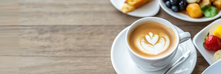 A white coffee cup with a heart design sits on a wooden table. The table is covered with a variety of food items, including fruit, pastries, and a sandwich. Concept of comfort and relaxation
