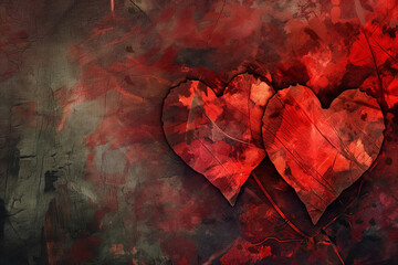 Dramatic Red Grunge Hearts with Black Paint Splatter for a Bold Artistic Statement