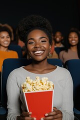 Fototapeta premium A woman is holding a red box of popcorn and smiling. She is surrounded by other people in a movie theater
