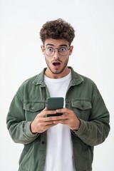 A man with glasses and a green jacket is holding a cell phone and looking surprised. Concept of surprise and curiosity, as the man's facial expression