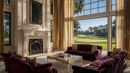 An opulent living room in Florida with an ivory marble fireplace and floor-to-ceiling windows showcasing a pristine golf course
