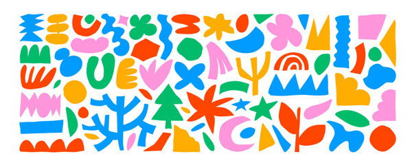 Colorful funky abstract geometric cutout shapes and icons. Hand drawn monochrome primitive and naive organic figures. Flat abstract organic shapes, plants and branches. Doodle contemporary forms.