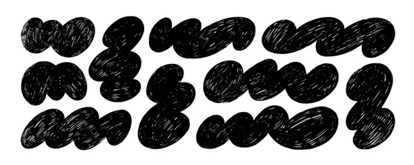 Funky black cloud shapes and organic bubbles drawn by a crayon. Various blotch shapes collection