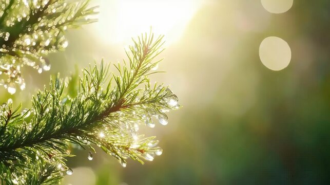 Sunlit pine branch with dewdrops in a forest.