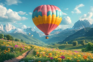 Fototapeta premium Joyful Skies: Vibrant Hot Air Balloons Soaring in the Sky on a Sunny Day, Leisure Adventure Experience, Colorful Balloon Flight Delight