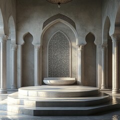 Obraz premium An Eastern-inspired podium for Ramadan, featuring simple stone carvings and a calm, empty atmosphere