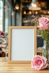 Obraz premium Blank wooden frame mockup on an elegant bohemian café or restaurant table with pink pastel roses.