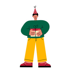 Flat vector illustration of a smiling man in a party hat holding a present. Perfect for birthday cards, holiday greetings, invitations, social media, and celebration designs. Cartoon Illustration