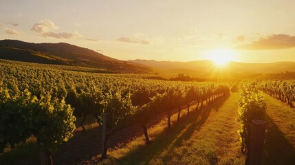 An expansive vineyard at sunset with grapevines stretching across rolling hills, Vineyard scene, Natural beauty style