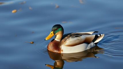 Mallard duck swims gracefully in a tranquil pond during a sunny day in autumn