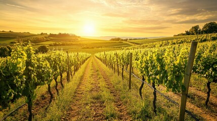 Fototapeta premium An expansive vineyard under a golden sunset, with rows of grapevines stretching towards the horizon, Vineyard scene