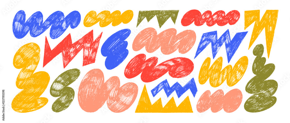 Poster Funky abstract geometric organic shapes drawn by crayon. Doodle rough cloud and zigzag shapes. Multi colored naive style childish vector elements. Chalk and crayon drawn figures and forms sketch.