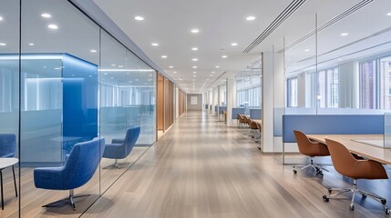 Modern Office Corridor with Glass Walls and Blue Accents