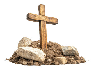 Wooden cross placed on soil surrounded by stones isolated on transparent background