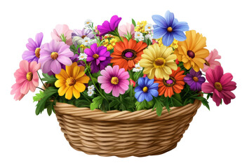 Beautiful basket of colorful flowers with greenery isolated on transparent background