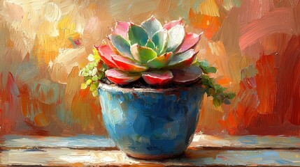 Vibrant Succulent in Blue Pot: An Impressionist Still Life
