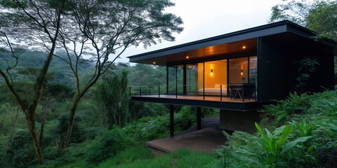 Fototapeta premium A house with a balcony overlooking a lush green forest. The house is small and has a modern design