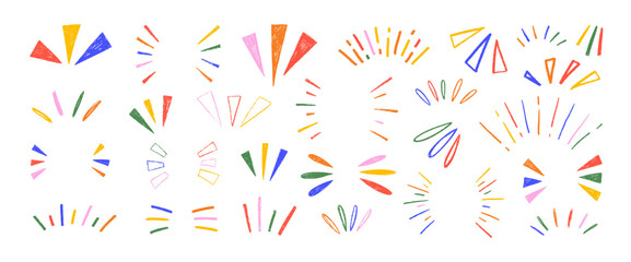 Colorful crayon drawn attention symbols, doodle expression signs, simple sketch line emphasis. Doodle shine sunburst sparkle ray elements. Cute funky elements for express emotion, movement, attention.