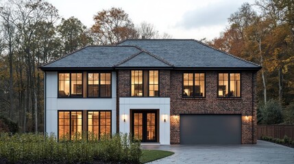 This modern-traditional house features weathered brick