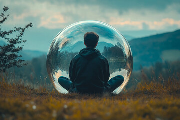A person sitting cross-legged inside a large transparent bubble, surrounded by nature. The landscape features mountains and a cloudy sky in the background, creating a serene atmosphere.