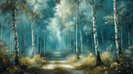 Serene Birch Forest Path: A Mystical Painting