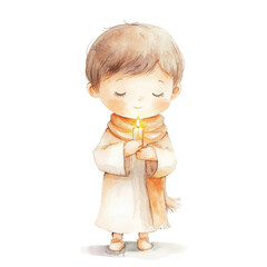 Fototapeta premium Cute watercolor of young caucasian child holding a candle with eyes closed isolated png