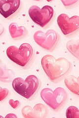 Colorful hearts pattern in shades of pink and red on soft background