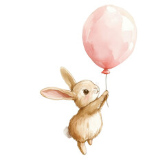 Cute watercolor bunny floating with pink balloon in whimsical art isolated png