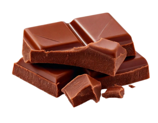 Broken milk chocolate bar pieces with detailed, realistic texture, isolated on transparent PNG background, showcasing uneven edges, cracks, smooth surfaces, and roughness, perfect for use in various g