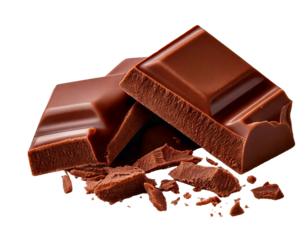 Broken milk chocolate bar pieces with detailed, realistic texture, isolated on transparent PNG background, showcasing uneven edges, cracks, smooth surfaces, and roughness, perfect for use in various g