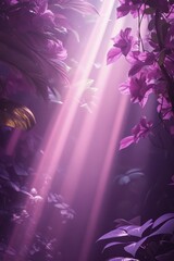 Fototapeta premium Purple light shines through a forest filled with vibrant flowers at dawn