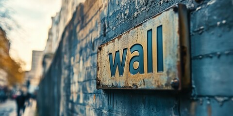 Fototapeta premium Rustic Metal Sign on a Weathered Urban Wall with Blurred Cityscape in the Background Capturing the Essence of Urban Life and History